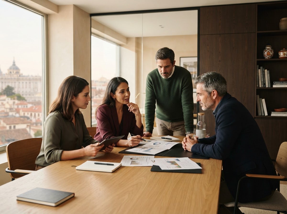 Tylmera Venqorin, equipo directivo revisando indicadores de rendimiento en un entorno de trabajo remoto